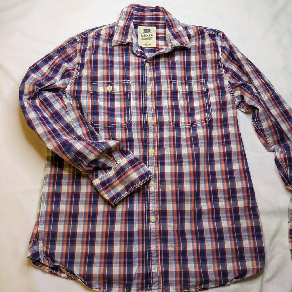 Levi's Red Plaid Flannel Shirt Mens Medium M Western Button